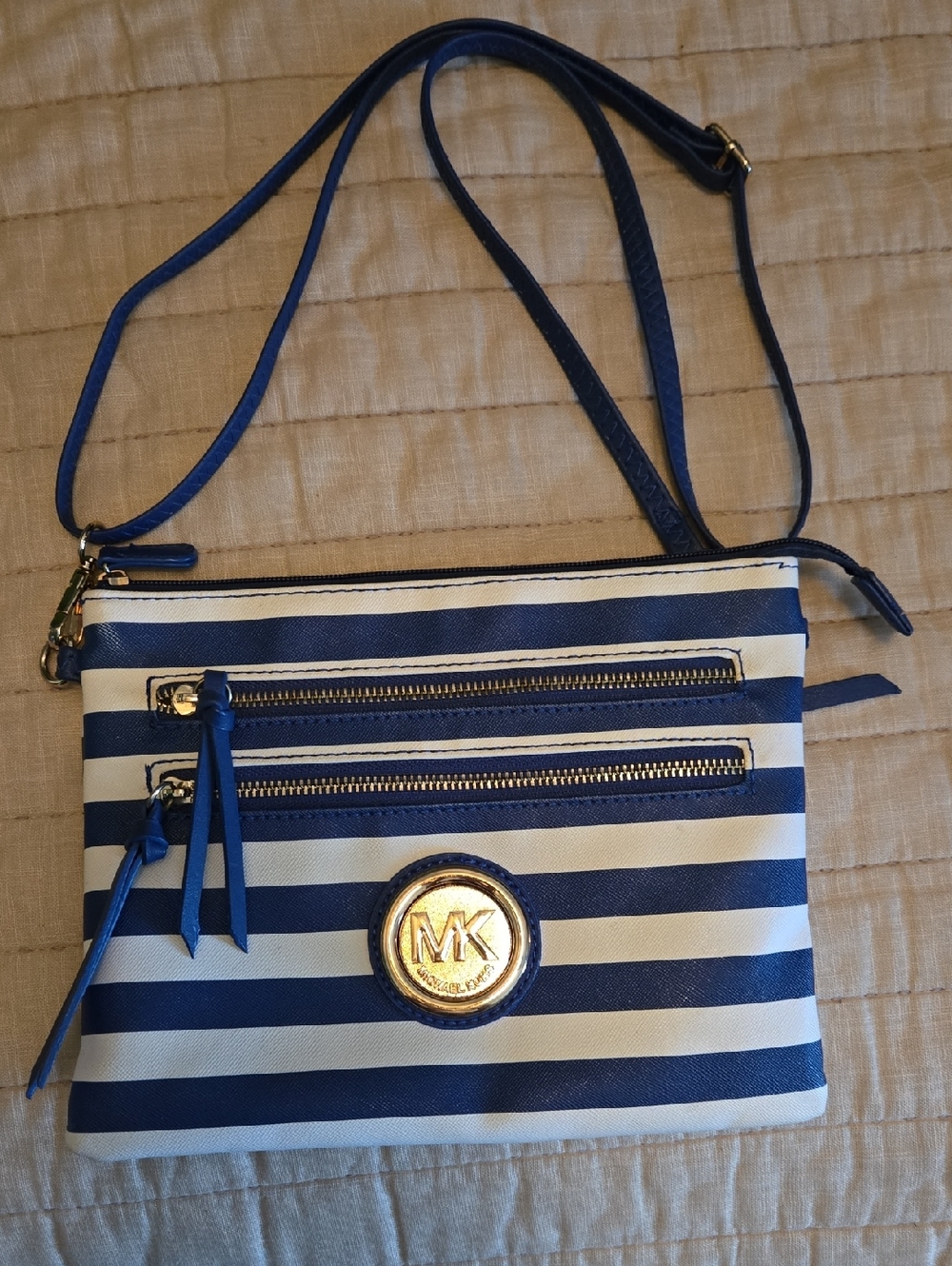 Inspired Navy and White Striped Leather Crossbody Bag with Gold MK Emblem